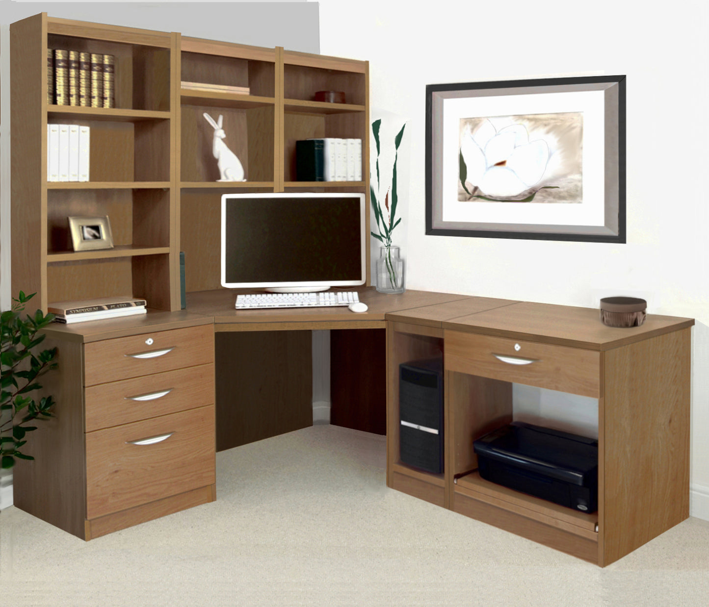 Home Office Corner Desk, Printer/CPU and Drawer Units with Hutch Bookcases