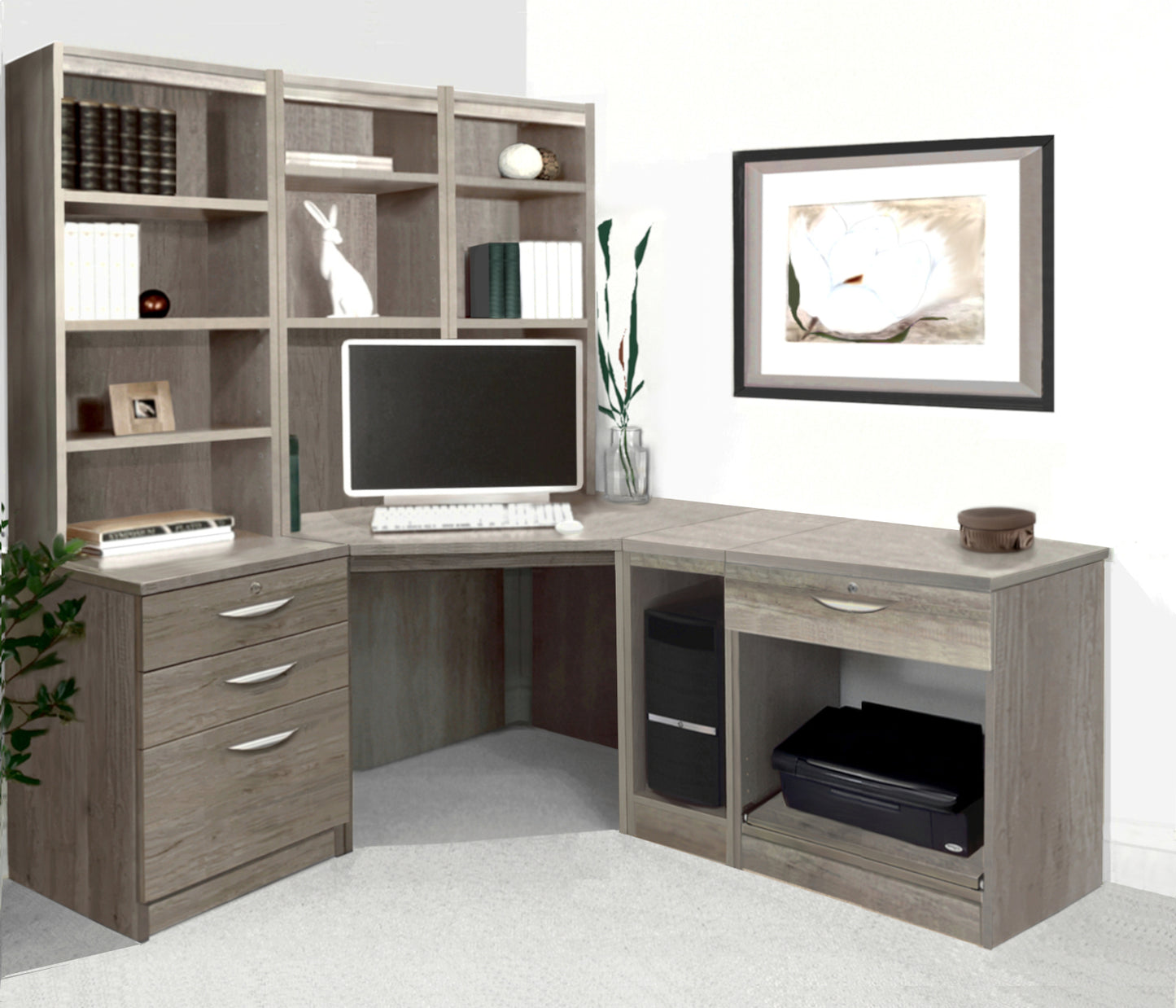 Home Office Corner Desk, Printer/CPU and Drawer Units with Hutch Bookcases