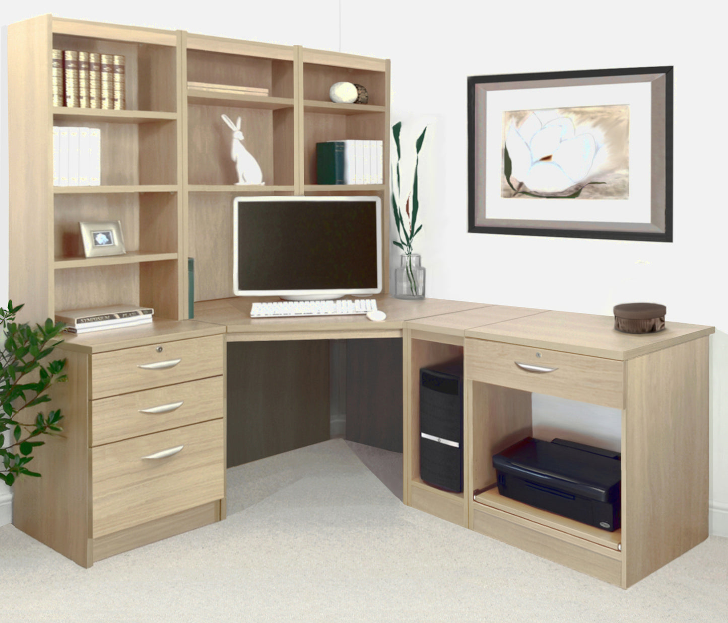 Home Office Corner Desk, Printer/CPU and Drawer Units with Hutch Bookcases