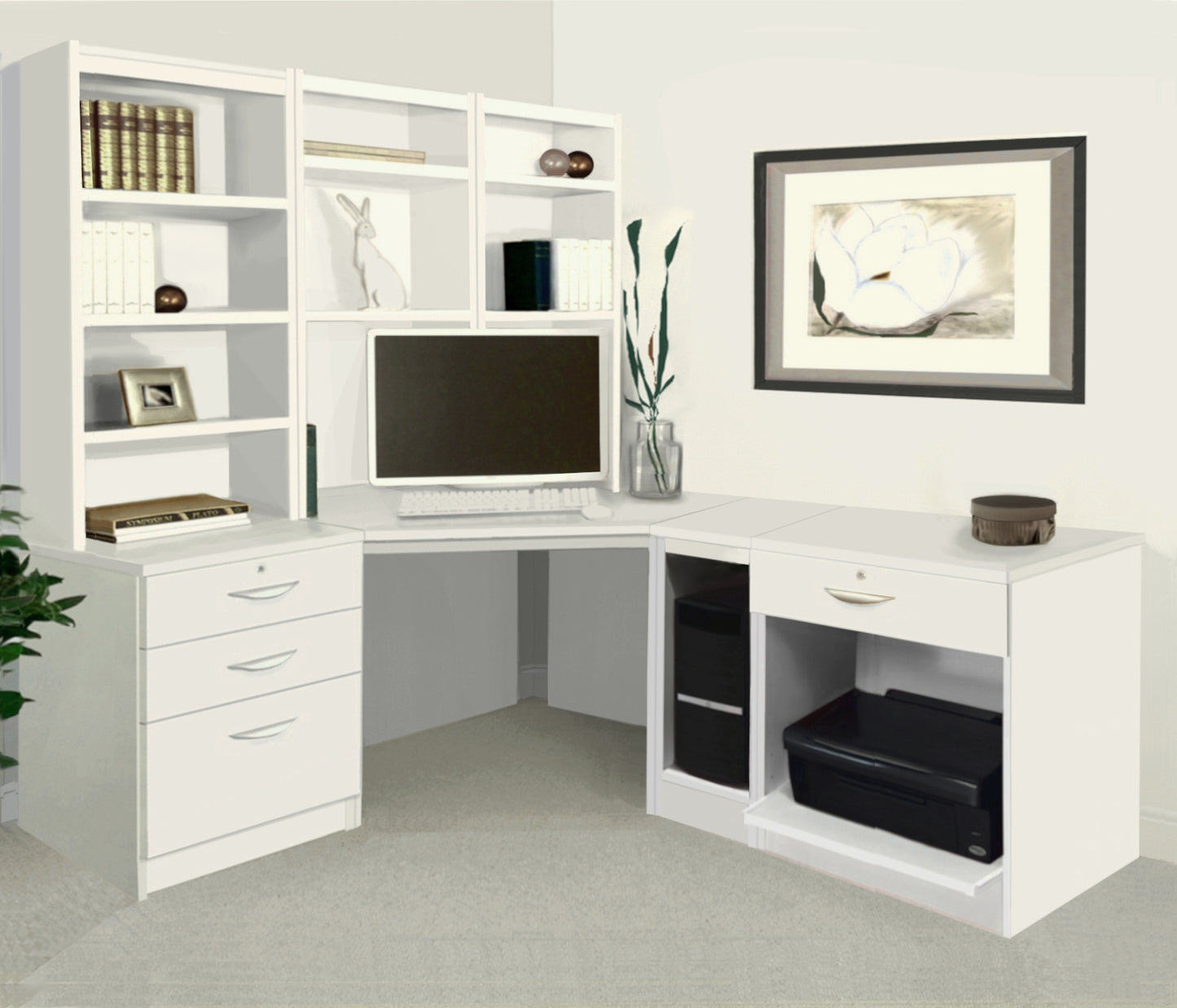 Home Office Corner Desk, Printer/CPU and Drawer Units with Hutch Bookcases