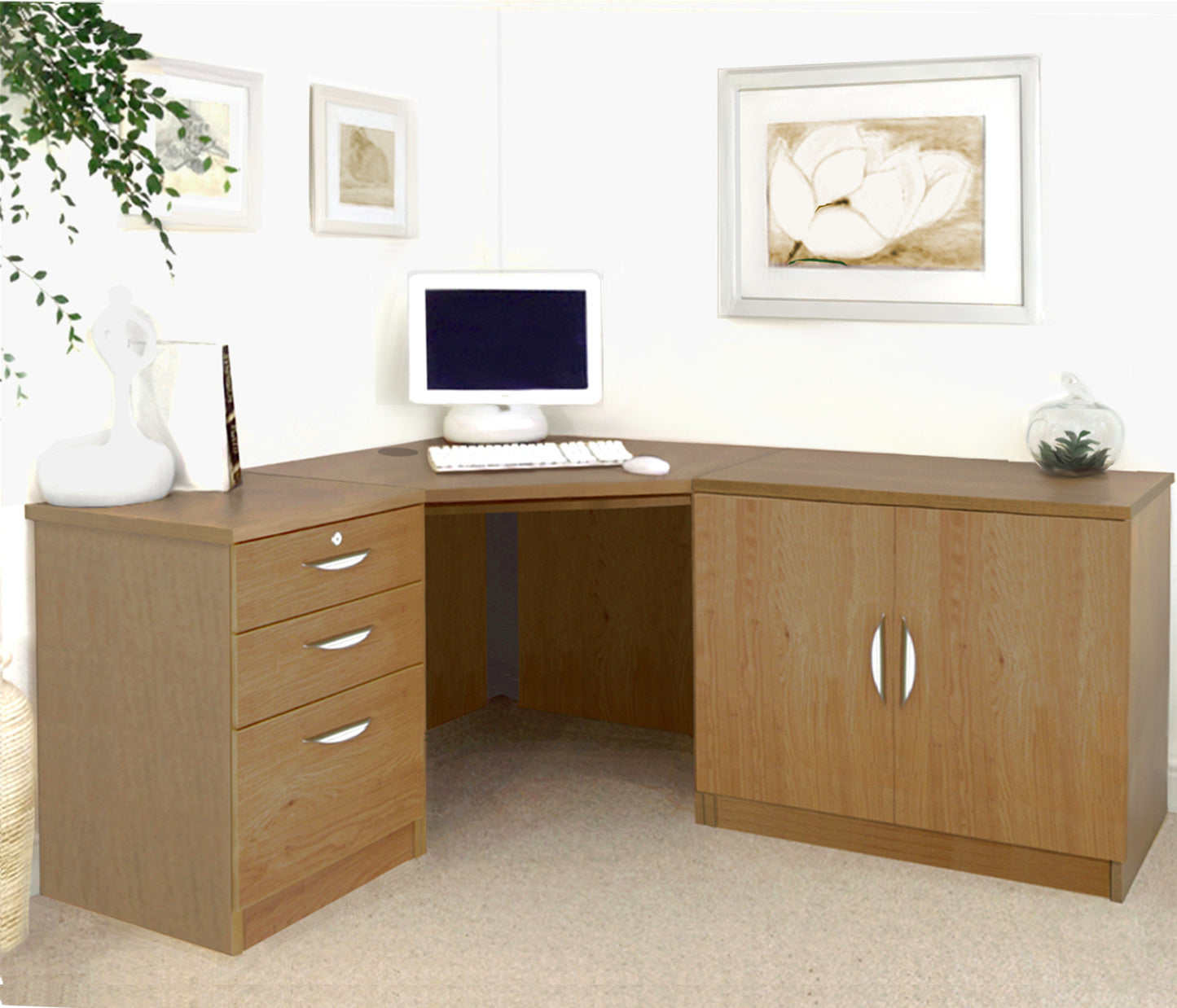 Home Office Corner Desk with Cupboard and Drawer Units