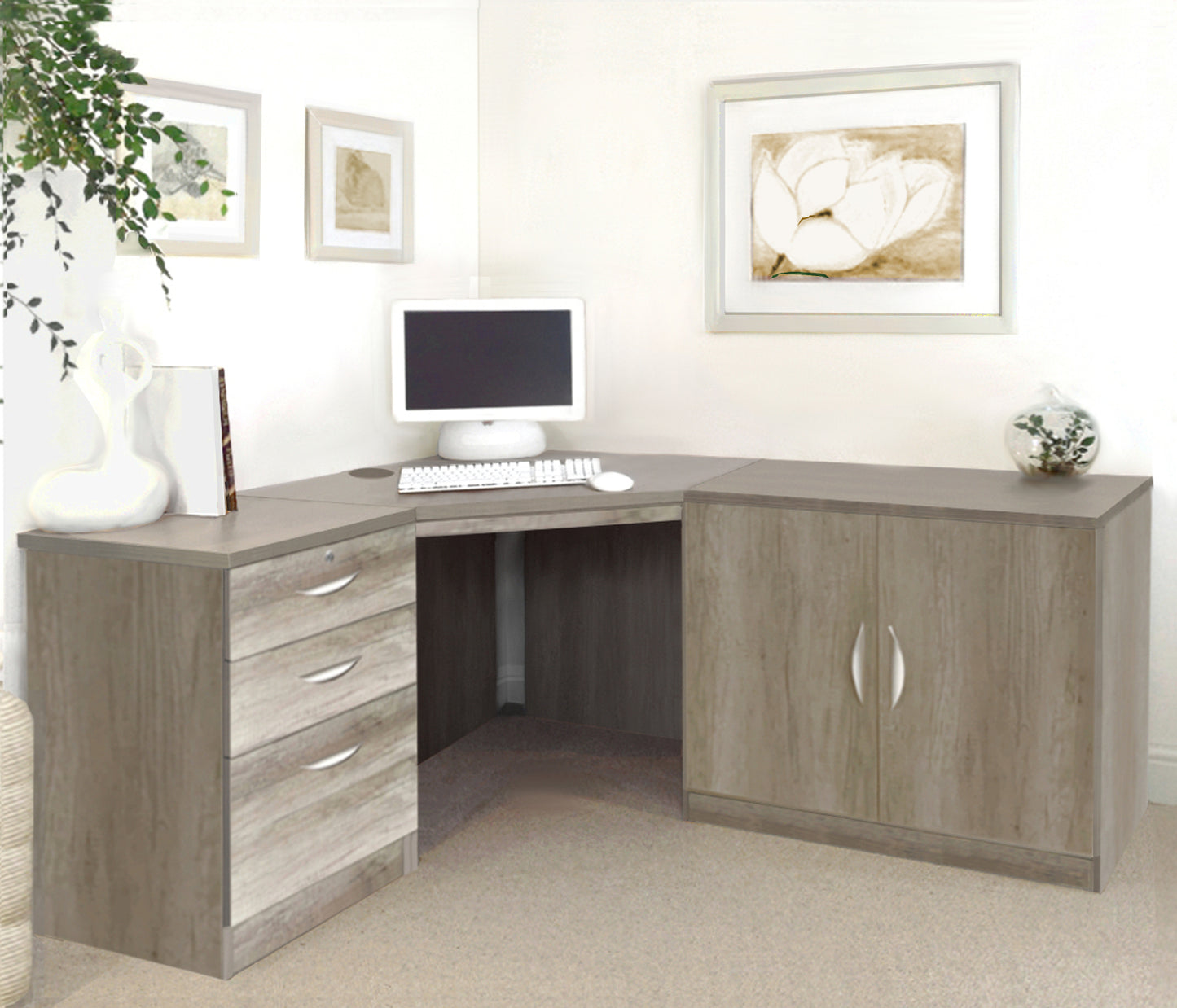 Home Office Corner Desk with Cupboard and Drawer Units