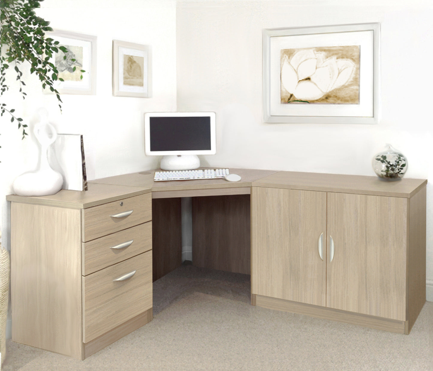 Home Office Corner Desk with Cupboard and Drawer Units