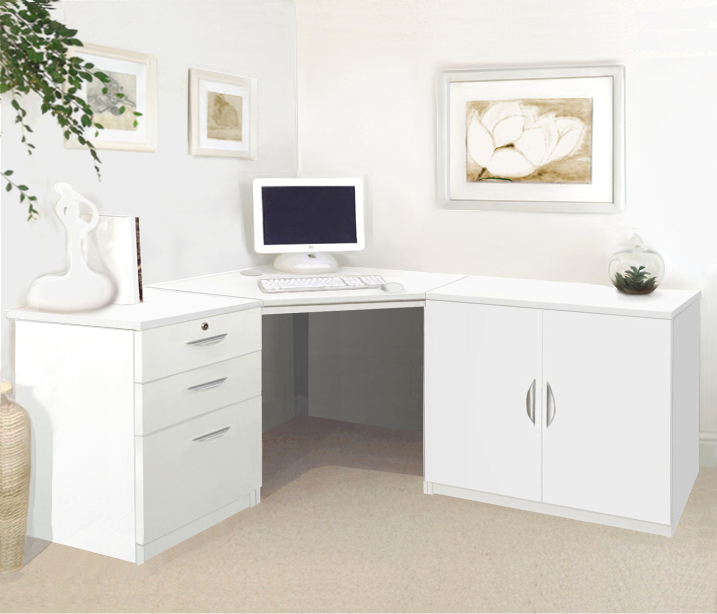 Home Office Corner Desk with Cupboard and Drawer Units