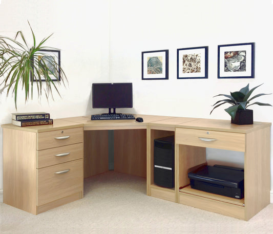 Home Office Corner Desk with Printer, Computer & Drawer Units