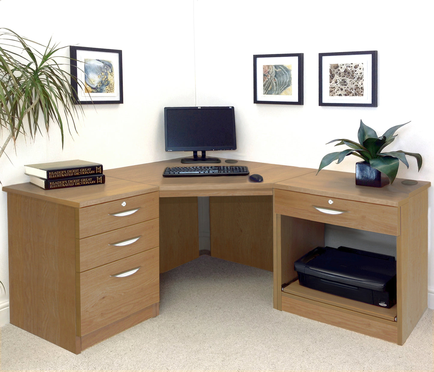 Home Office Corner Desk with Printer and Drawer Units