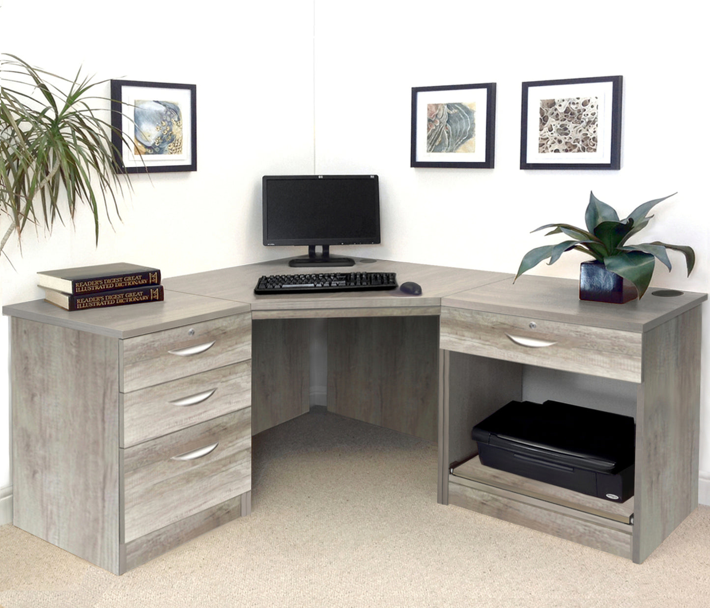 Home Office Corner Desk with Printer and Drawer Units