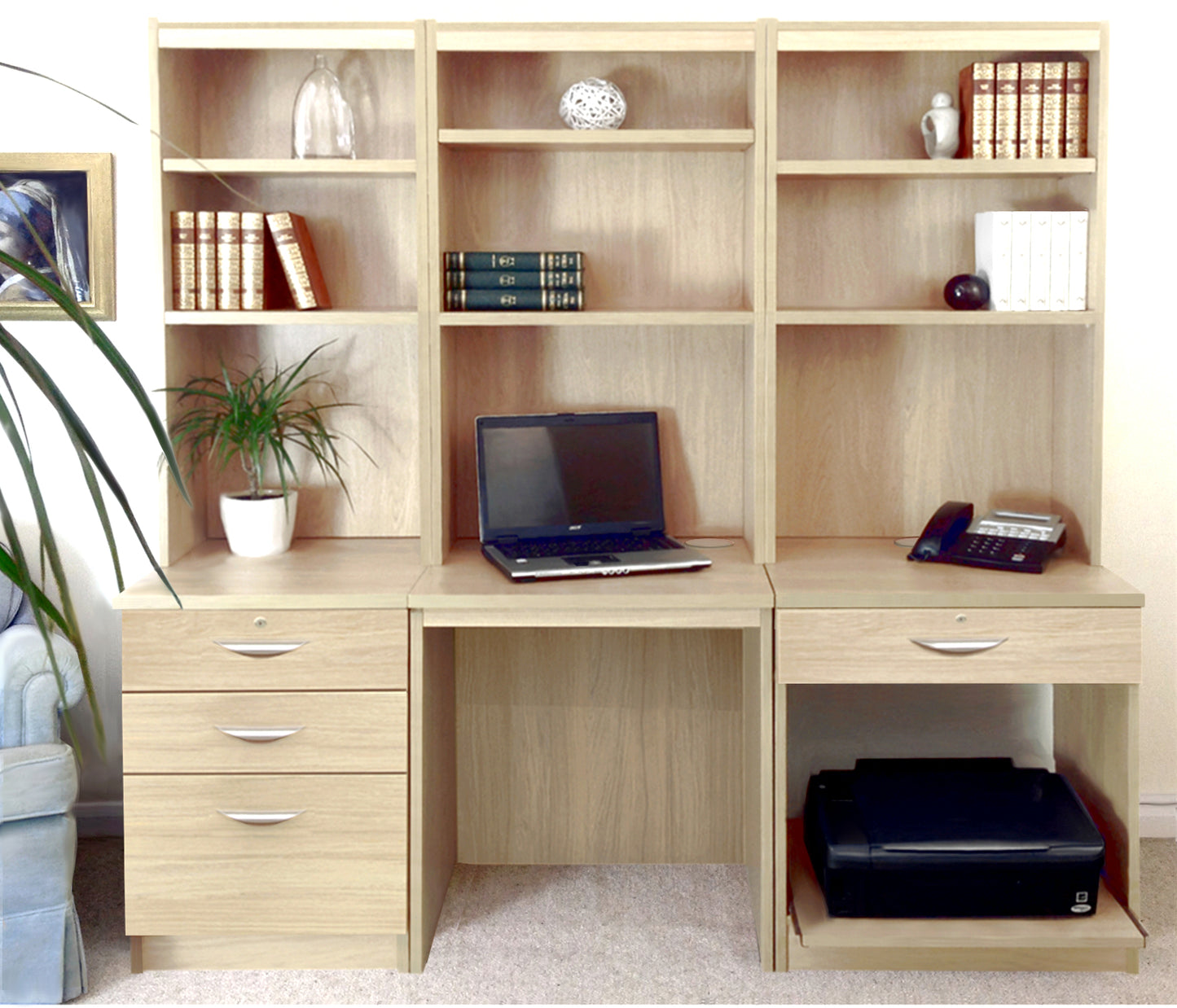 Home Office Desk, Printer and Drawer Units with Hutch Bookcases