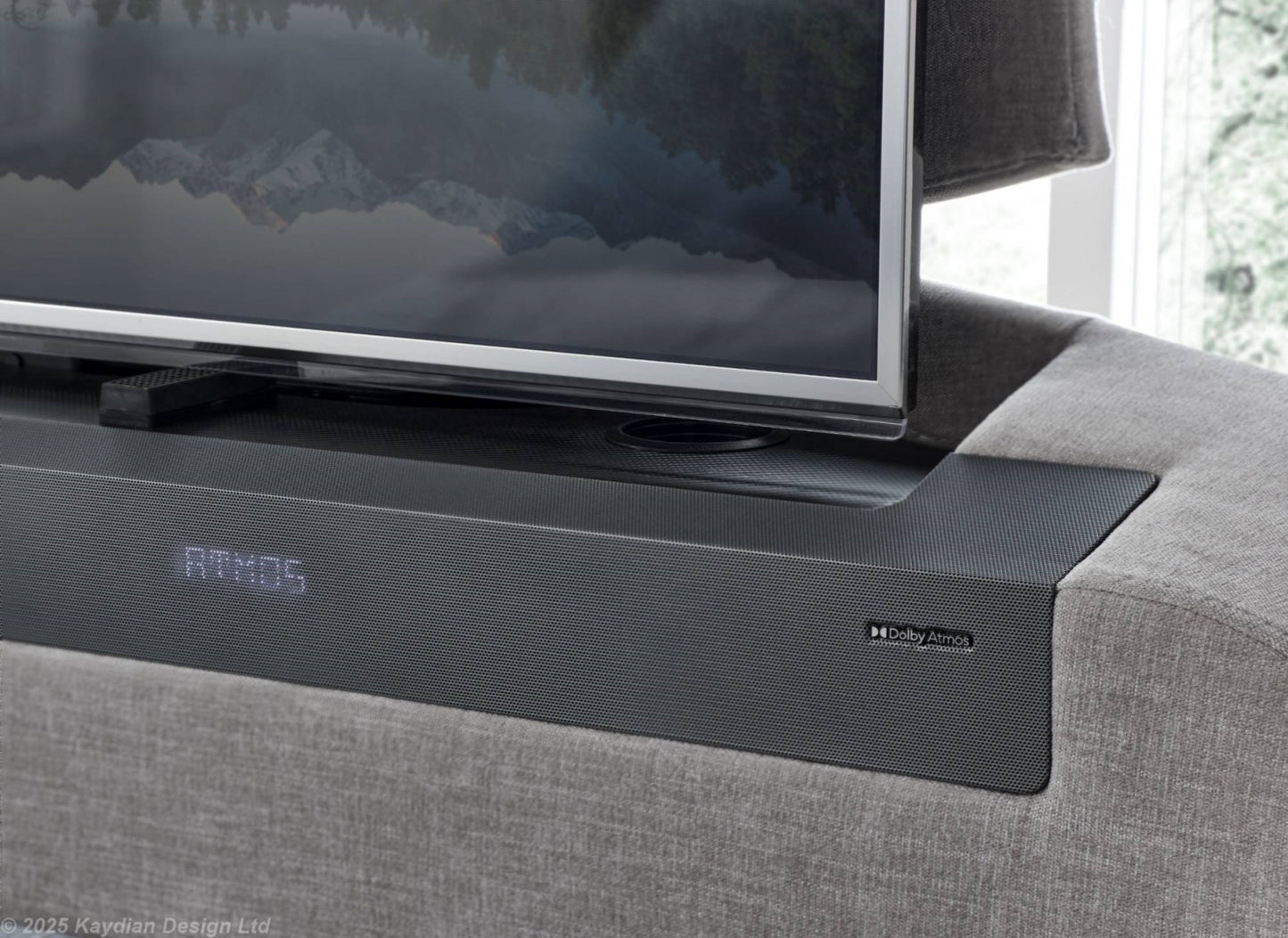 Dynasty Tv Media Bedframe With Dolby Atmos Surround Sound Light Grey Fabric