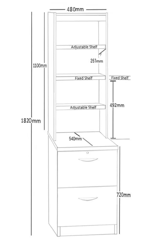 Home Office Desk Height 2 Drawer Filing Cabinet with Hutch Bookcase