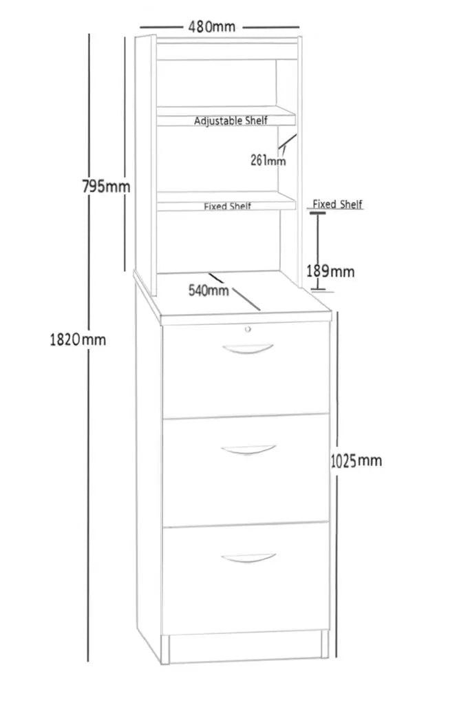 Home Office Mid Height 3 Drawer Filing Cabinet with Hutch Bookcase