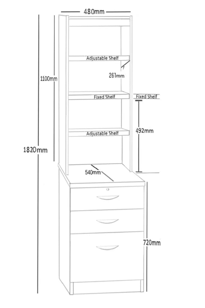 Home Office Desk Height 3 Drawer Unit/Filing Cabinet with Hutch Bookcase