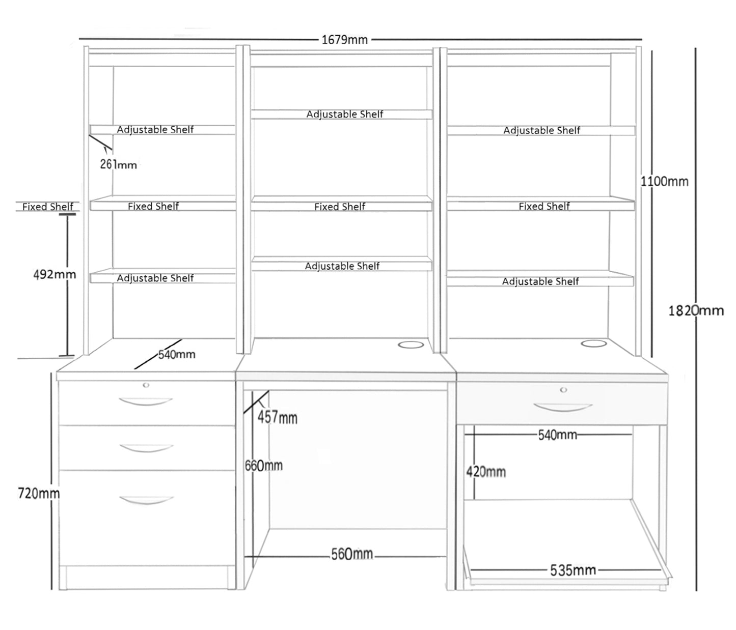 Home Office Desk, Printer and Drawer Units with Hutch Bookcases
