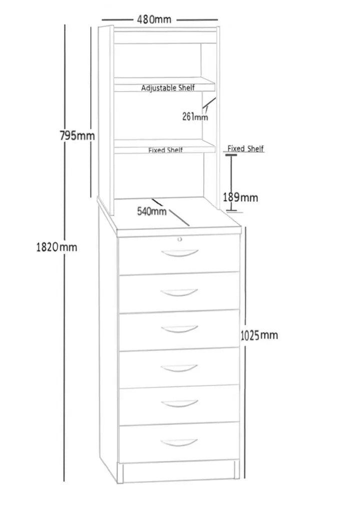Home Office Mid Height 6 Drawer Unit with Hutch Bookcase