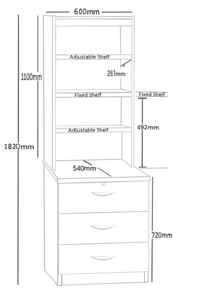 Home Office Desk Height 3 Drawer 60cm CD/DVD Storage Chest with Hutch Bookcase