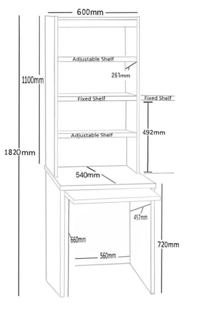 Home Office Desk Height Desk 60cm with Slide-Out Keyboard Shelf and Hutch Bookcase