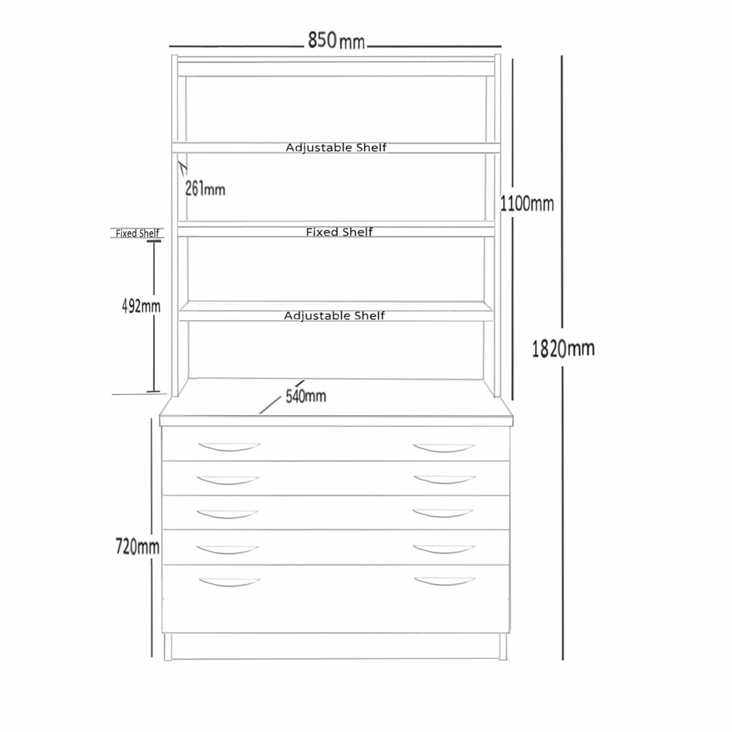 Home Office Desk Height 5 Drawer A2 Plain Chest with Deep Lower Drawer with Hutch Bookcase