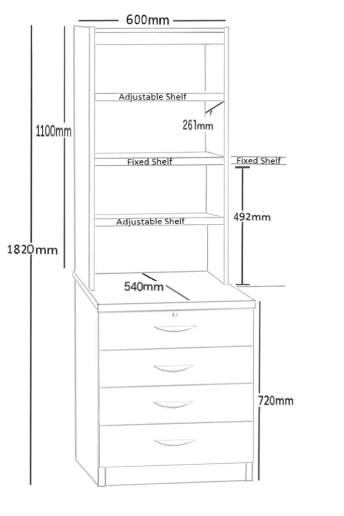 Home Office Desk Height 4 Drawer 60cm Chest with Hutch Bookcase