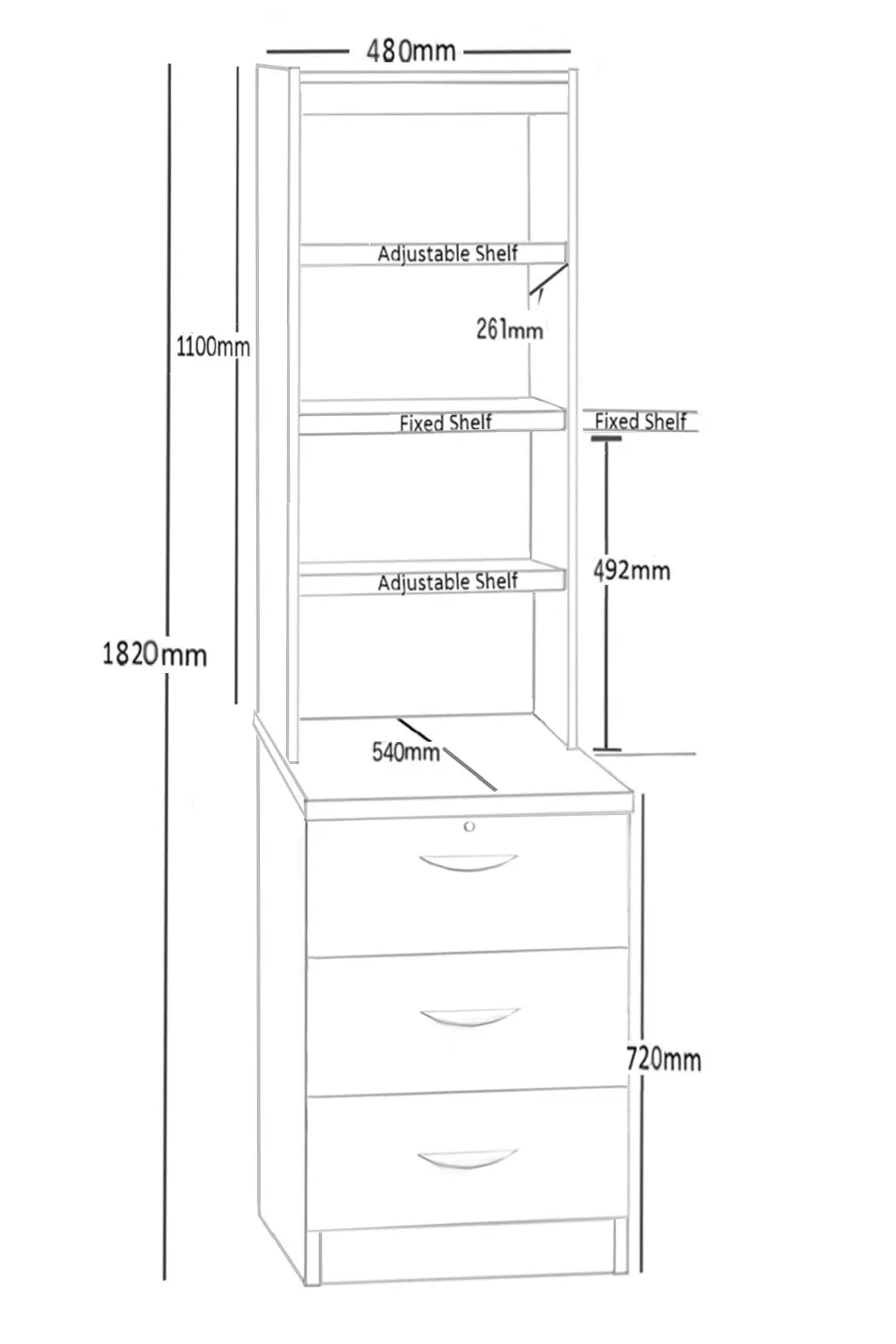 Home Office Desk Height 3 Drawer CD/DVD 48cm Storage Unit with Hutch Bookcase