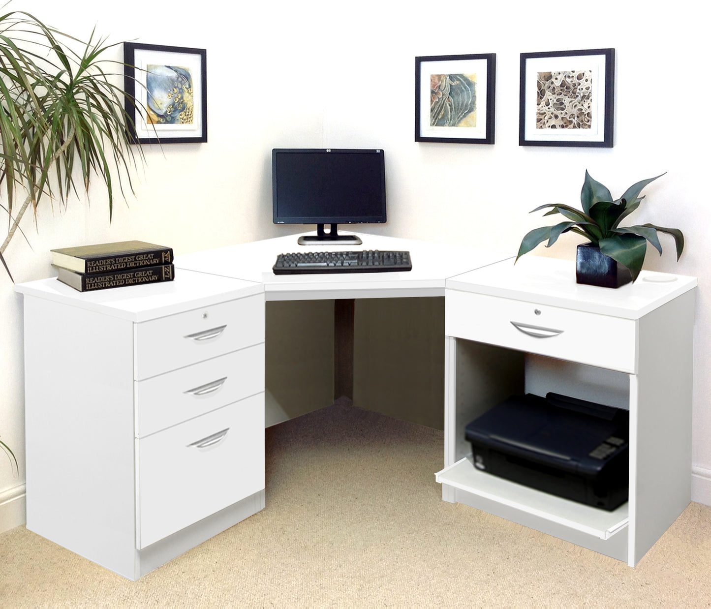 Home Office Corner Desk with Printer and Drawer Units