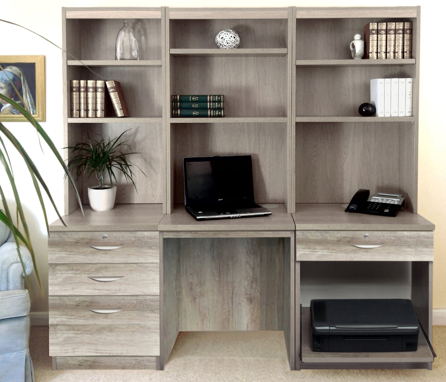 Home Office Desk, Printer and Drawer Units with Hutch Bookcases