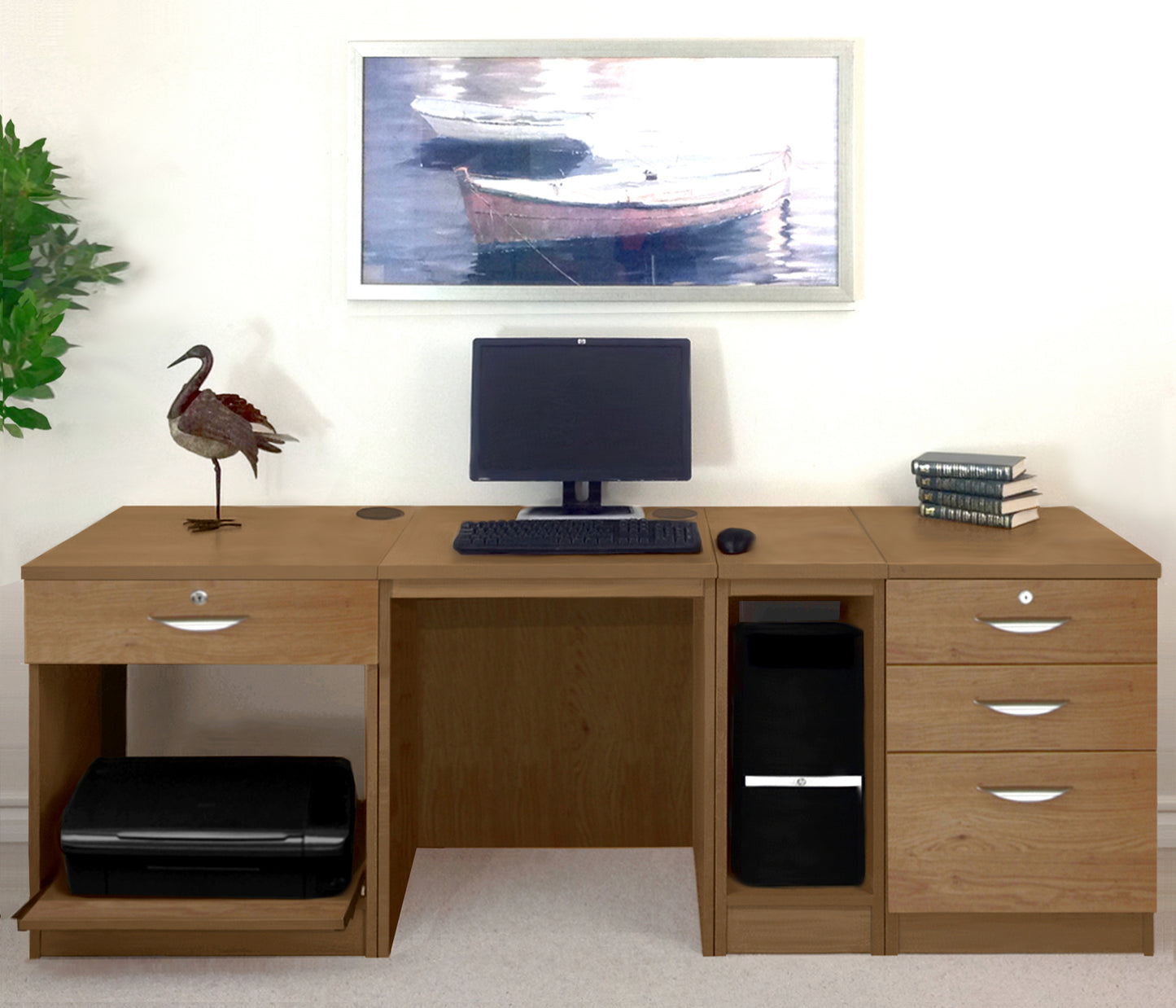 Home Office Desk with Printer, Computer and Drawer Units