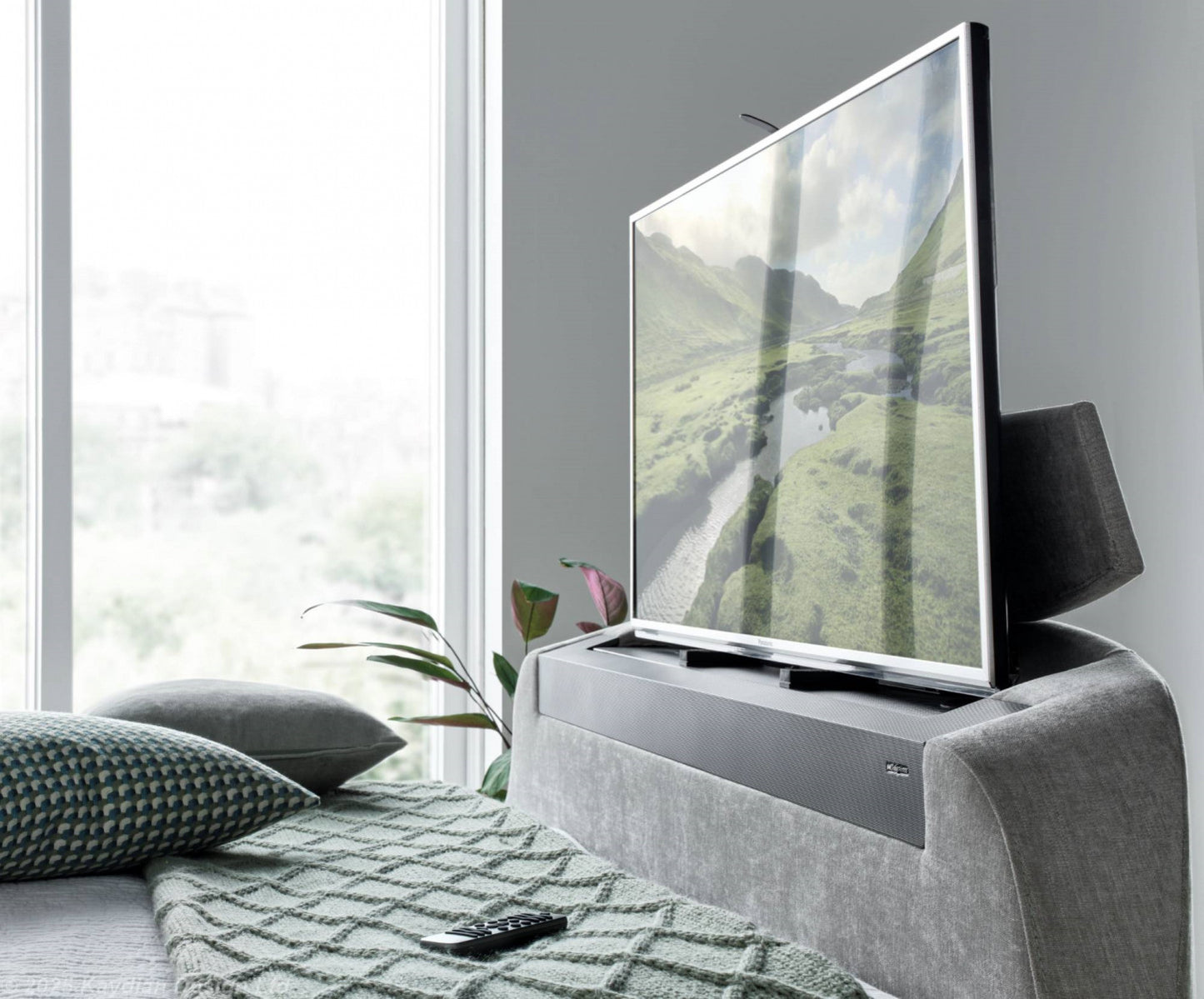 Dynasty Tv Media Bedframe With Dolby Atmos Surround Sound Light Grey Fabric
