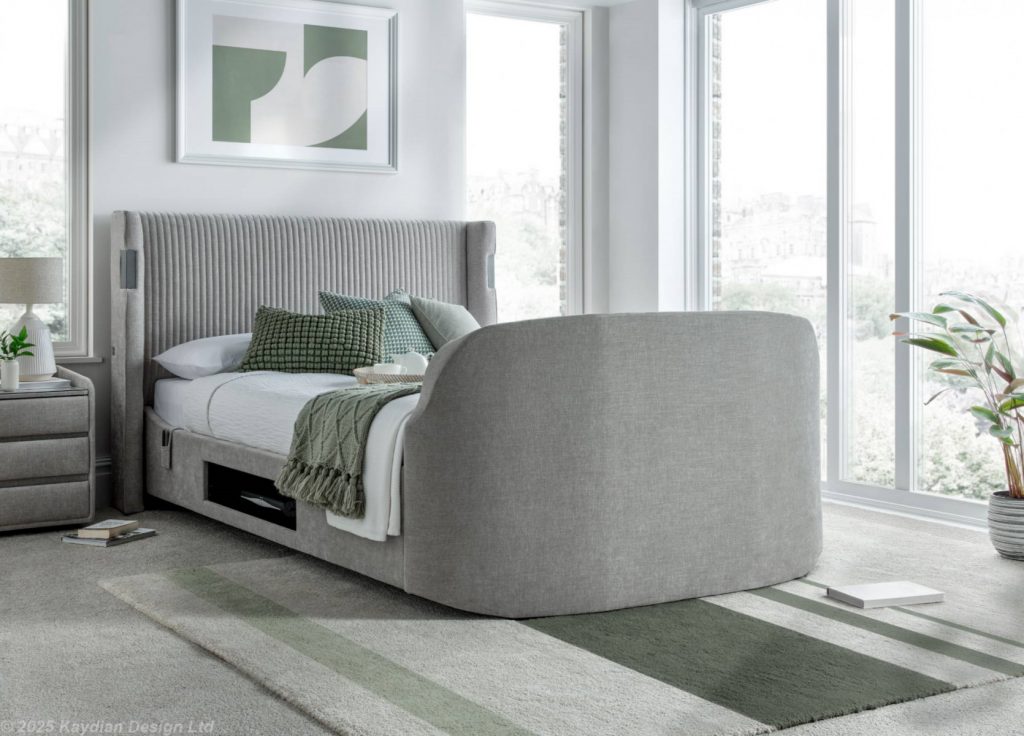 Dynasty Tv Media Bedframe With Dolby Atmos Surround Sound Light Grey Fabric