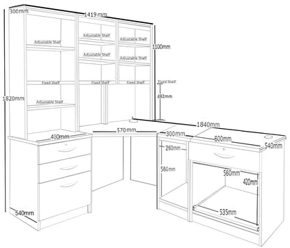 Home Office Corner Desk, Printer/CPU and Drawer Units with Hutch Bookcases