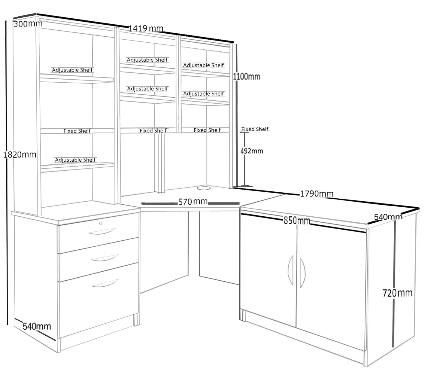 Home Office Corner Desk, Cupboard & Drawer Units with Hutch Bookcases