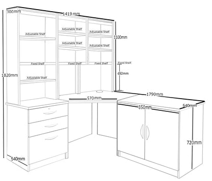 Home Office Corner Desk, Cupboard & Drawer Units with Hutch Bookcases