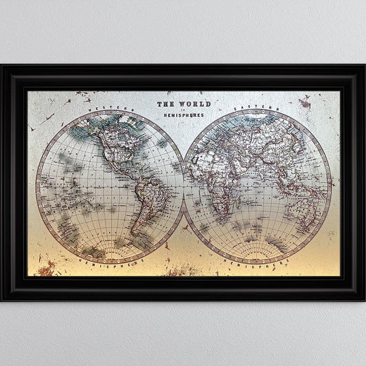 Vintage Hemisphere Map On Gold Aluminium Panel 114 x 74cm